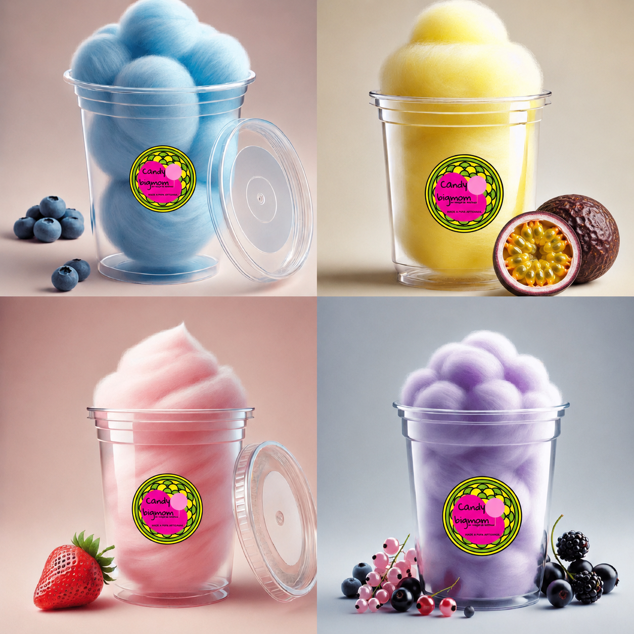 Grossiste Barbe a papa en Pots: Goût Fraise,Banane,Myrtille,Fruits rouge,pistache